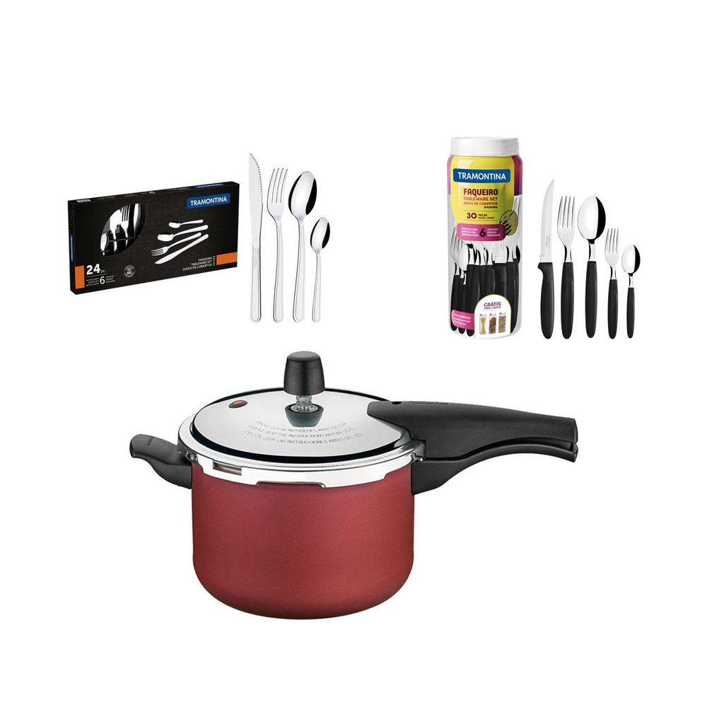 Kit Panela de Pressão 4,5 Vermelha + 1 Faqueiro 30pç + 1 Faqueiro Inox 24pç - Tramontina