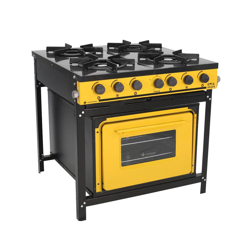 Fogão Industrial 4 Bocas a Gás Baixa Pressão Bravo Com Forno Amarelo BR4BF - Venâncio