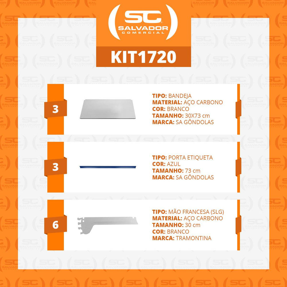 Kit 3 Bandejas Prateleiras Ponta 30x73 para Gôndolas New Plus com Porta Etiqueta Azul - SA Gôndolas