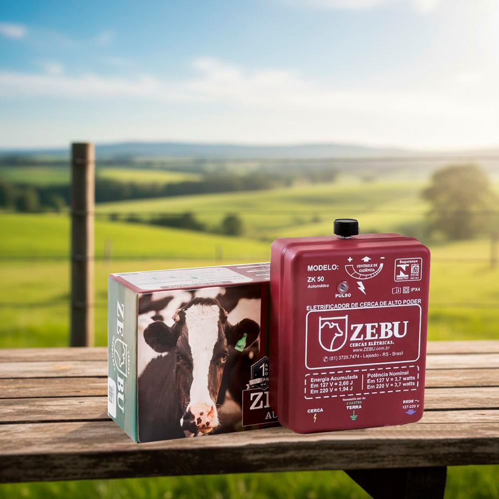 Eletrificador Cerca Elétrica Médias Propriedades Até 25.000m ZK50 Bivolt + Kit Para-raios - Zebu