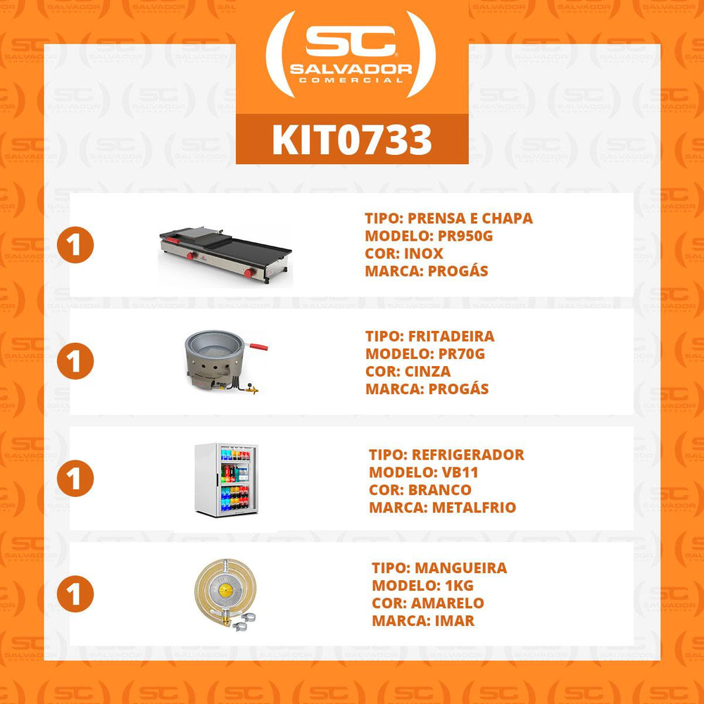 Kit Burger a Gás Com Prensa e Chapa PR950G + Kit Gás + Fritadeira PR70G + Refrigerador VB11 - 220v