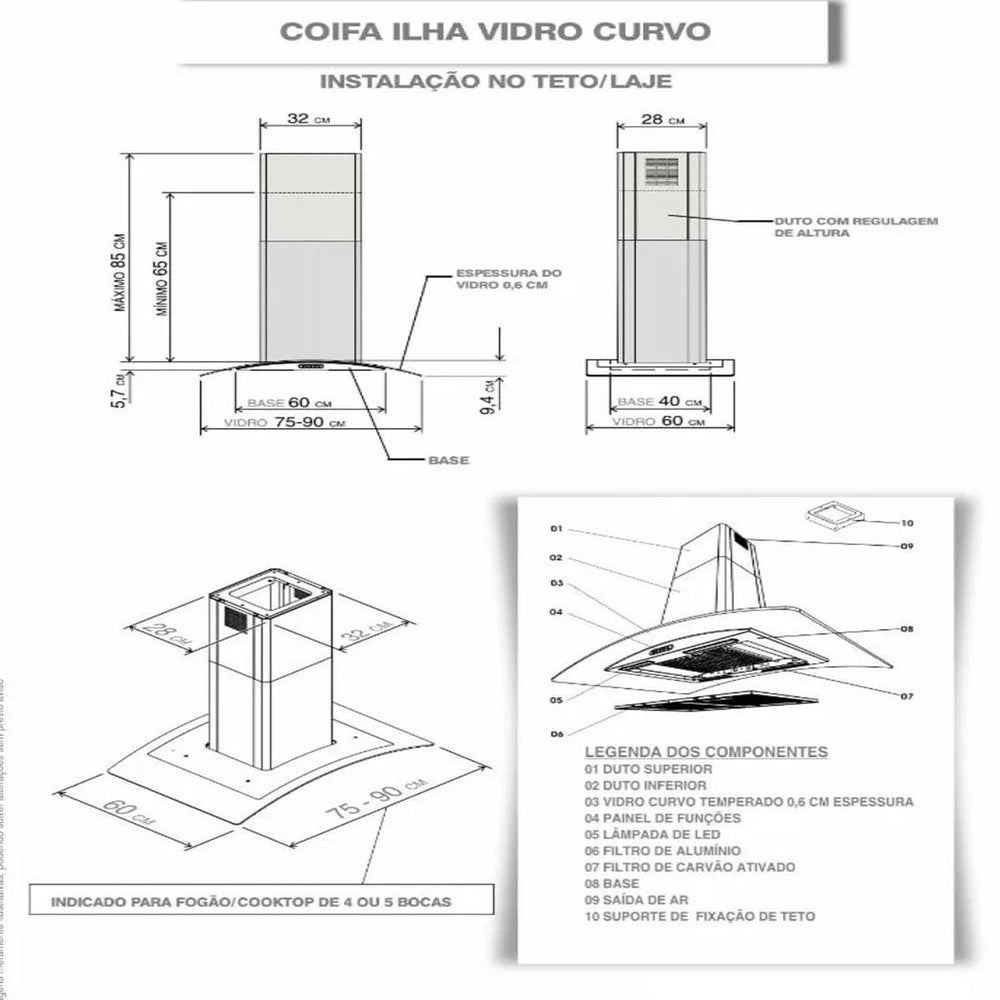 Coifa e Depurador Ilha em Inox e Vidro Curvo 90cm CIVC90 220V - Nardelli 50011410-2