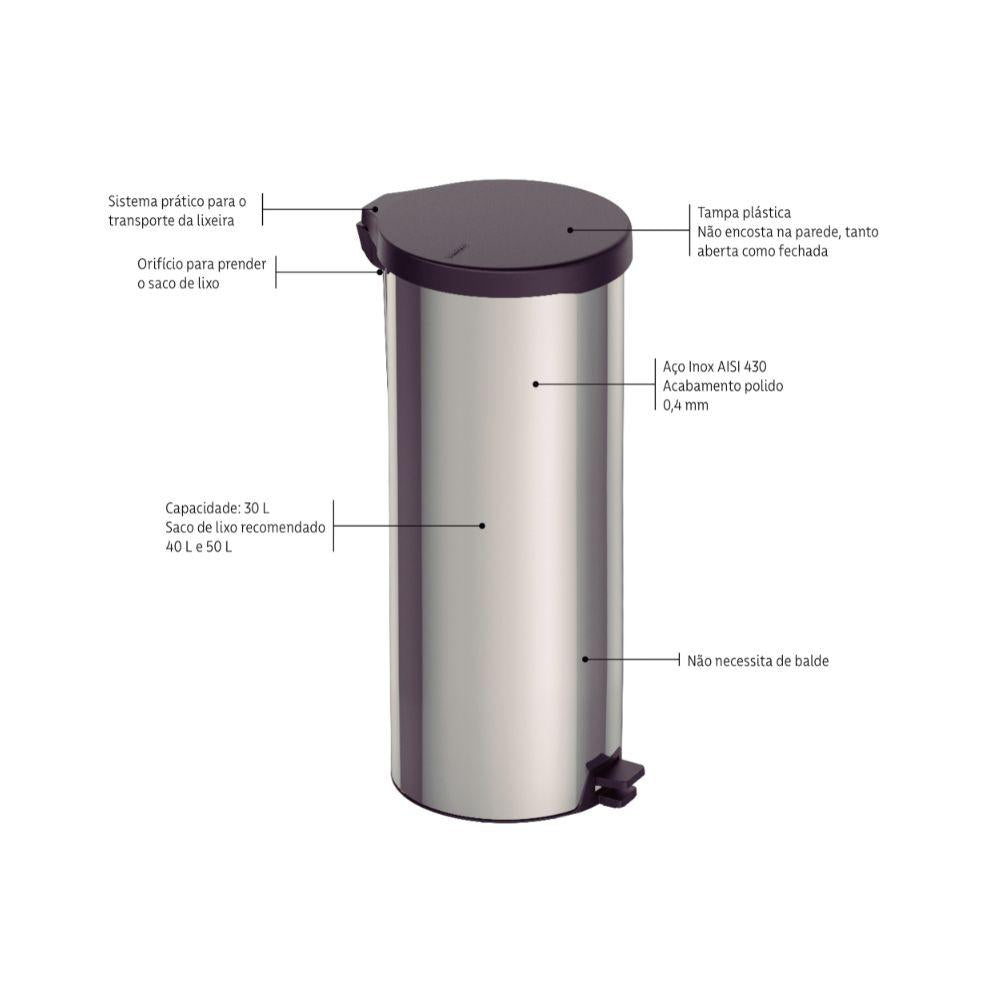 Lixeira Com Pedal em Aço Inox Com Acabamento Polido New 30 Litros - Tramontina 94538730