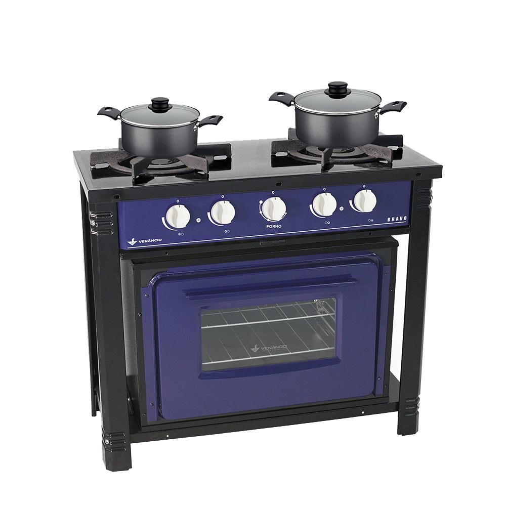 Kit Fogão Industrial 2 Bocas com Forno Bravo Azul Venâncio + 2 Caçarolas Tramontina Turim