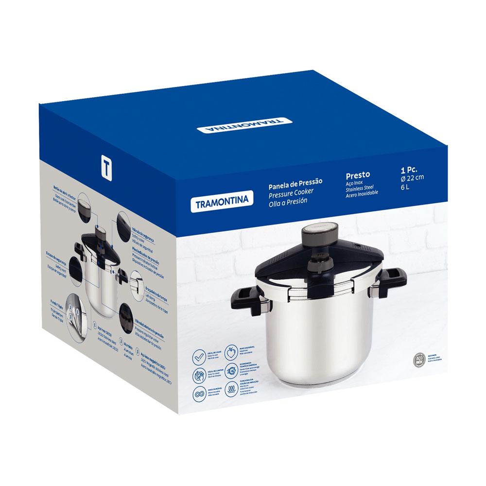 Panela Pressão Presto Aço Inox Fundo Triplo 5 Dispositivos de Segurança 22 cm 6l - Tramontina 62518220