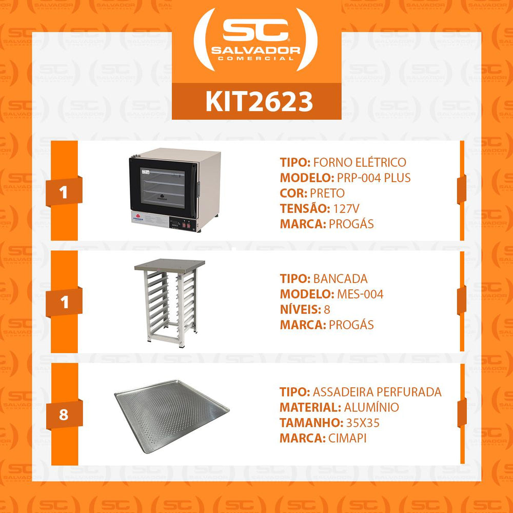 Kit Forno Turbo Elétrico PRP-004 Plus 127V Preto + Bancada MES-004 Progás + 8 Assadeiras Cimapi