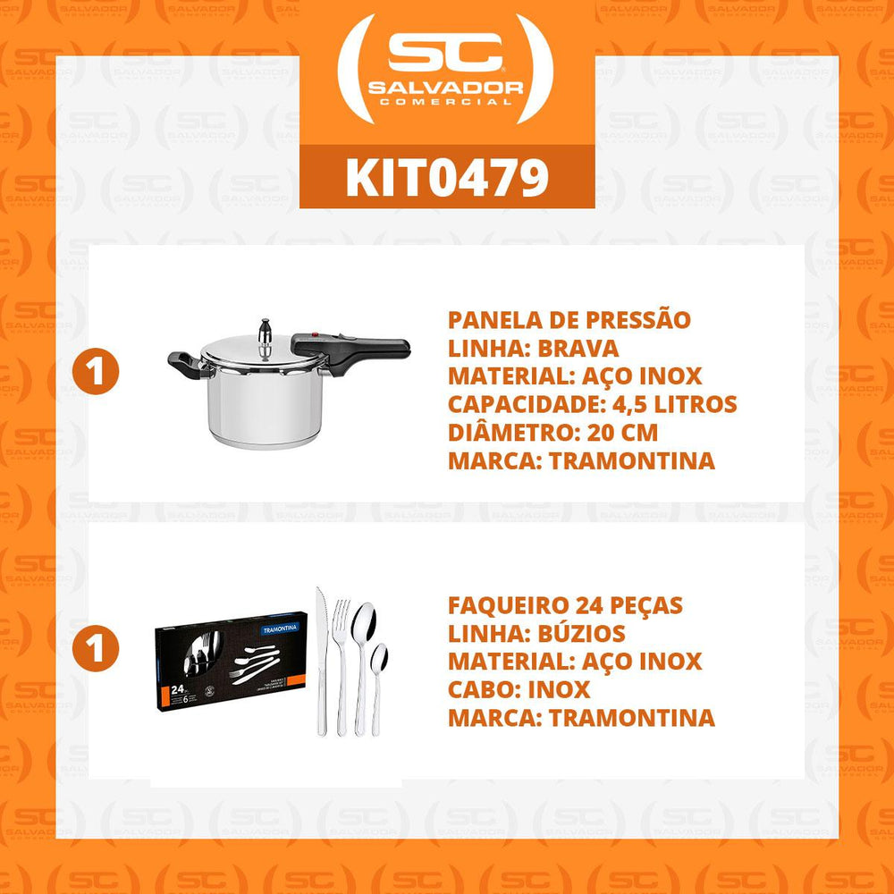Kit Panela de Pressão Inox 4,5l Brava + Faqueiro Inox Buzios 24pçs - Tramontina