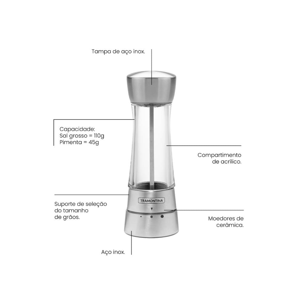 Moedor de Sal ou Pimenta em Aço Inox e Acrílico Com Moinho em Cerâmica - Tramontina 61654100