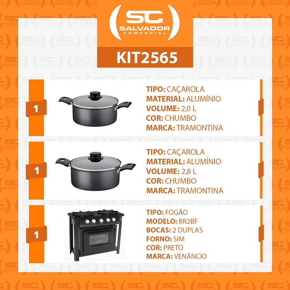 Kit Fogão Industrial 2 Bocas com Forno Bravo Preto Venâncio + 2 Caçarolas Tramontina Turim