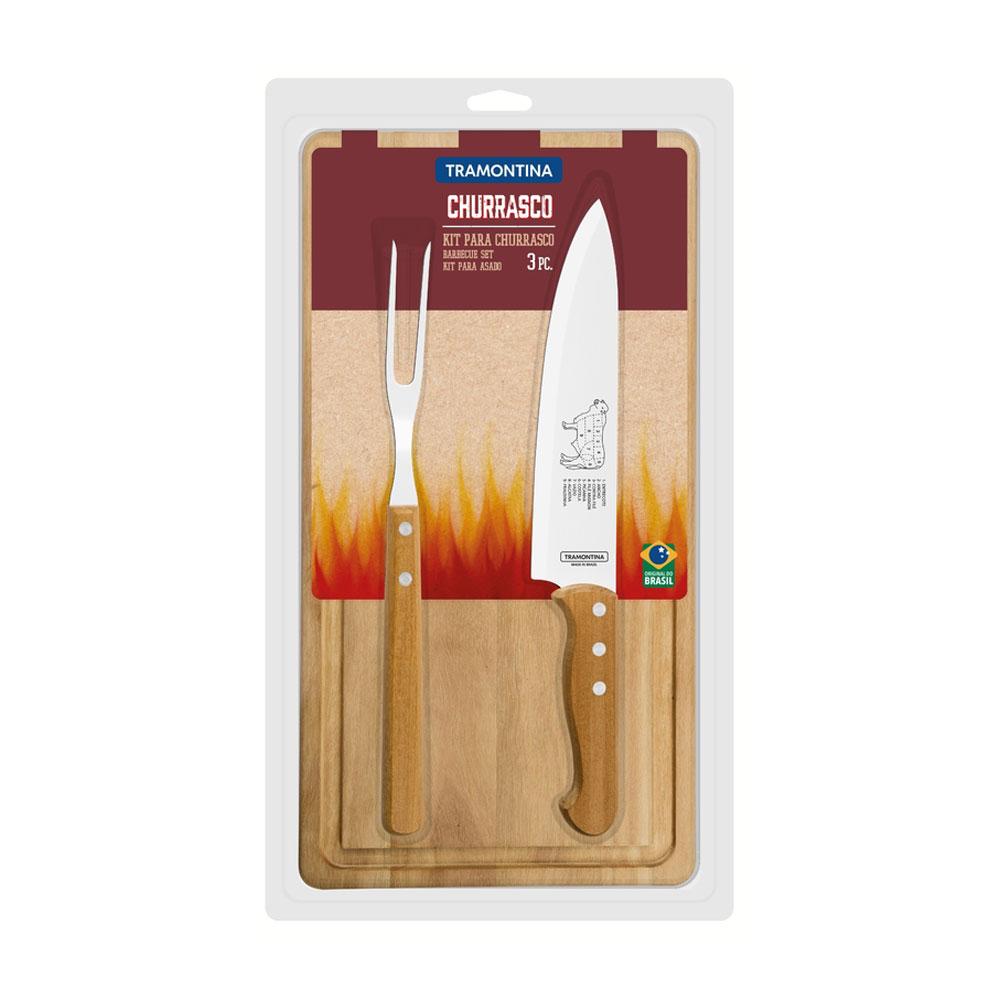 Kit 3 pç Faca, Garfo e Tábua Madeira 20x38 Churrasco Lâminas Inox  - Tramontina 22399076