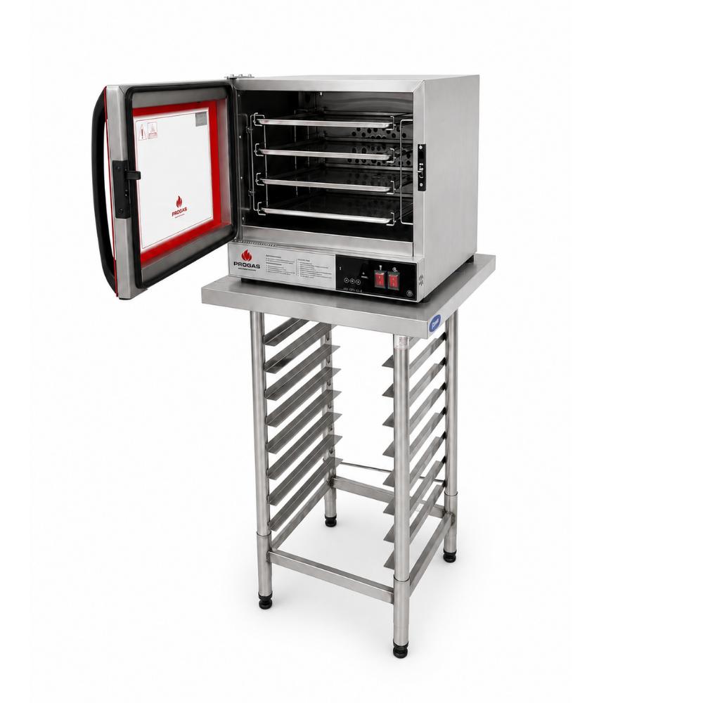 Forno Turbo Elétrico Prp-004 Digital Vermelho 127v Progás + Mesa Bancada Inox 430 8 Níveis Imeca