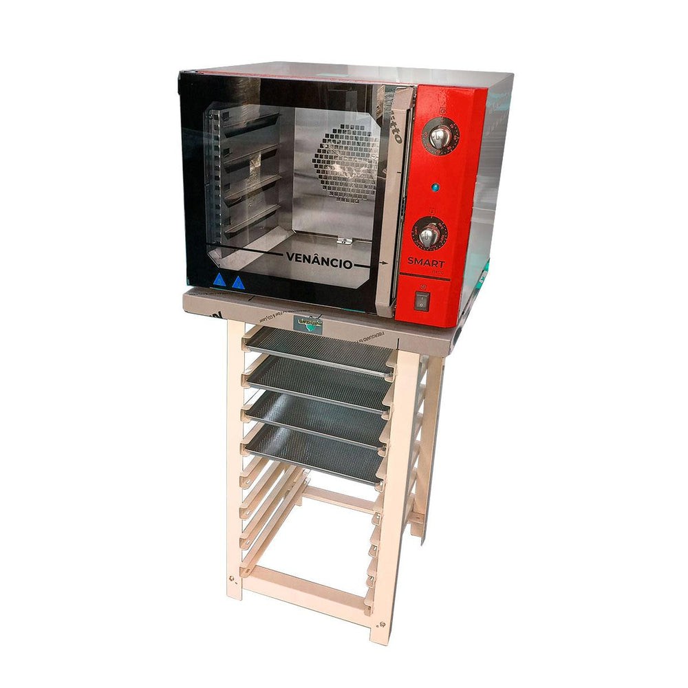 Kit Forno Turbo Convector Smart Basic Inox e Vermelho FCSB4E 220V + Bancada MES-004 + 4 Assadeiras - Venâncio