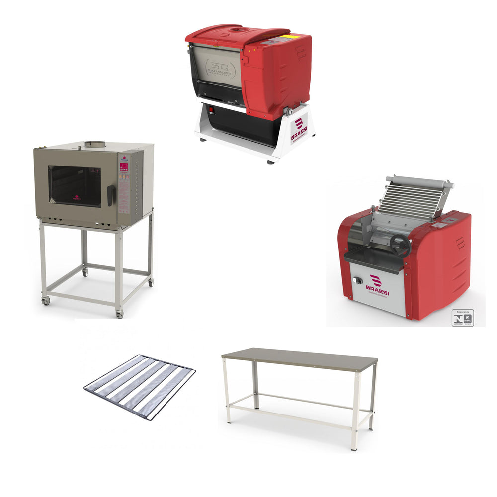 Kit Forno Turbo a Gás PRP5000 + 5 Esteiras + Mesa MBR015 + Amassadeira ALI05 + Cilindro CB30 - Bivolt