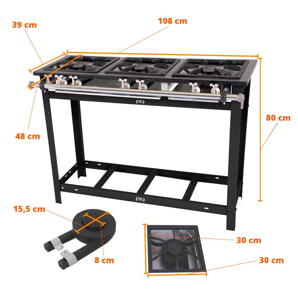 Fogão Industrial 3 Bocas Duplas a Gás Baixa Pressão com Pé e Espera Para Forno E3D3PE - Venâncio