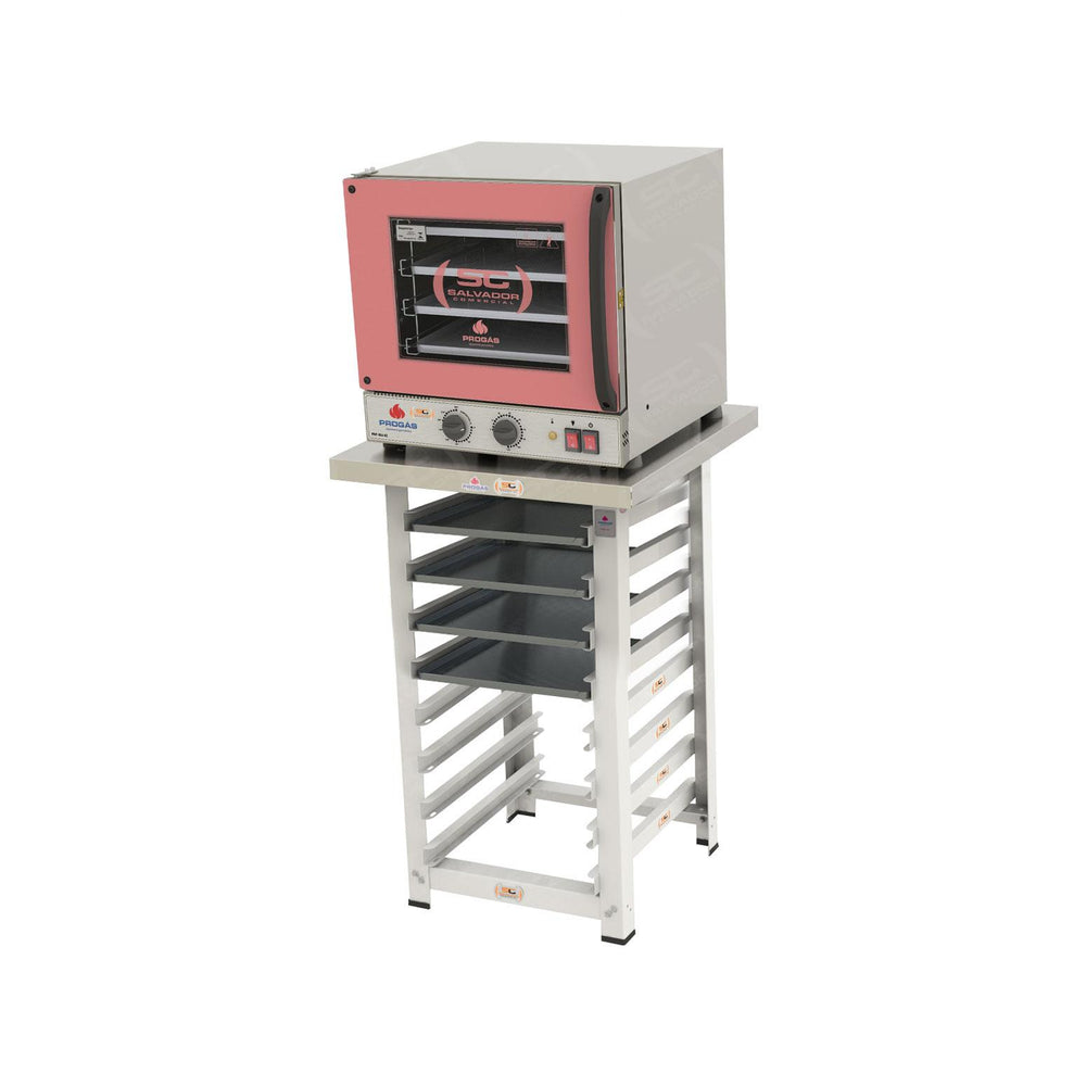 Kit Forno Turbo Elétrico PRP-004 G2 127V Rosa + Bancada MES-004 + 4 Assadeiras - Progás