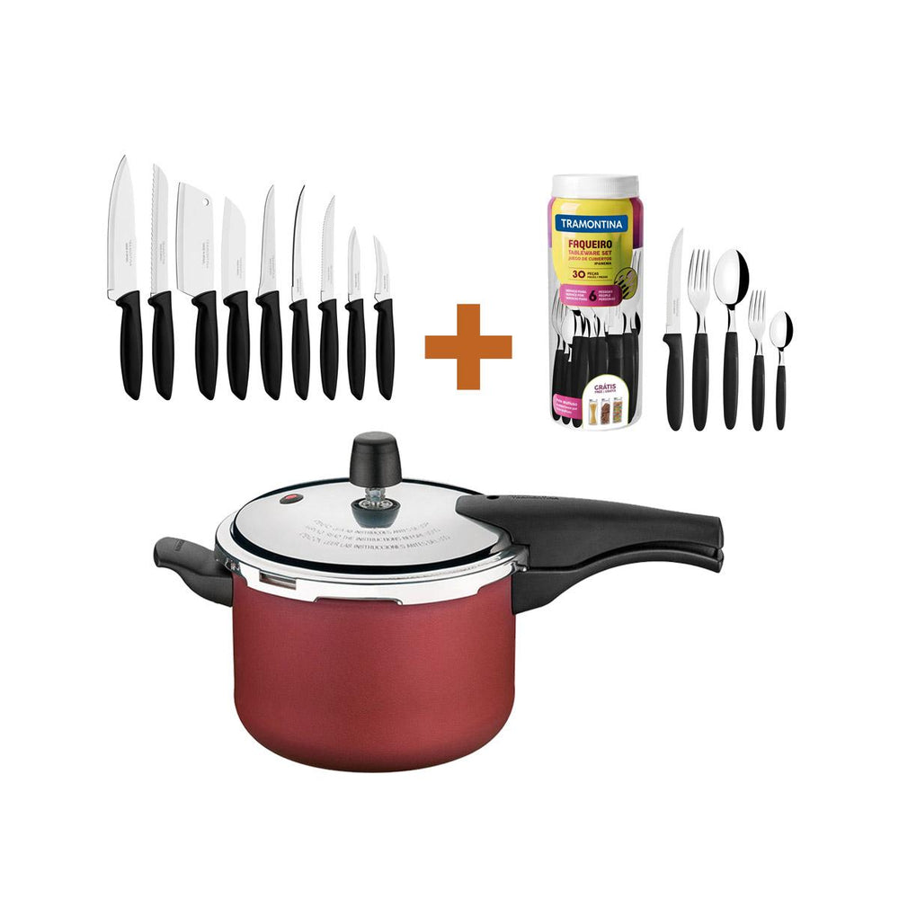 KIT - Panela de Pressão 4,5 Vermelha + 1 Faqueiro 30pç + 1 Conjunto Facas 9pç - Tramontina