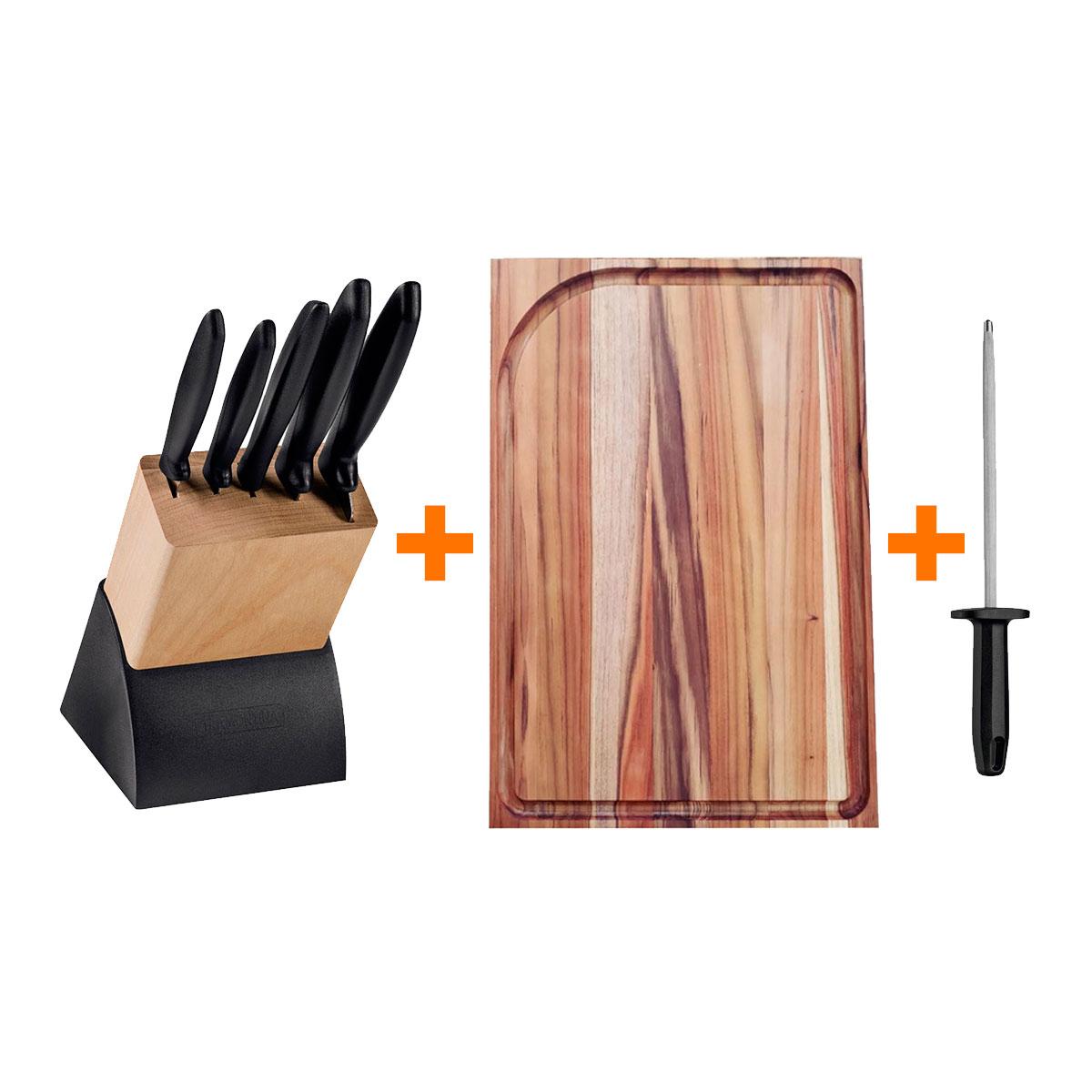 Kit - Faqueiro Plenus 6 Peças + Tábua Para Churrasco 49x35 + Chaira 8 Pol - Tramontina