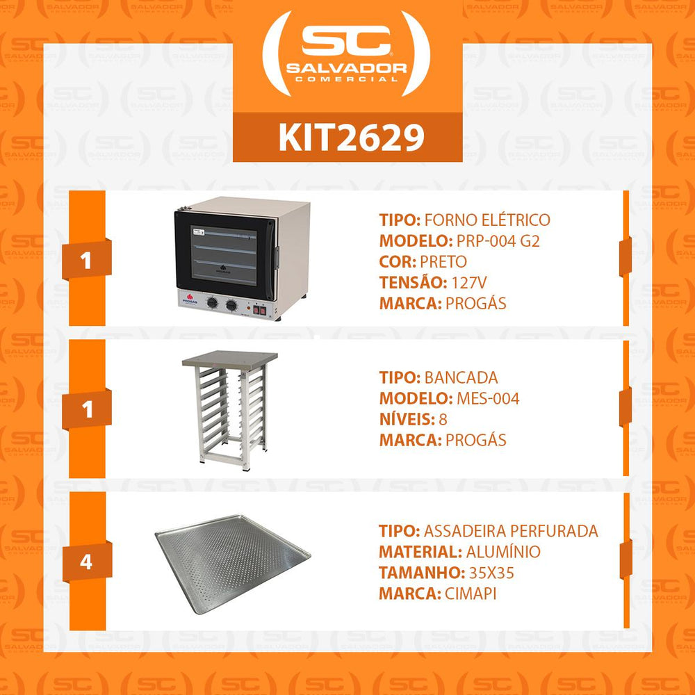 Kit Forno Turbo Elétrico PRP-004 G2 127v Preto + Bancada MES-004 Progás + 4 Assadeiras Cimapi