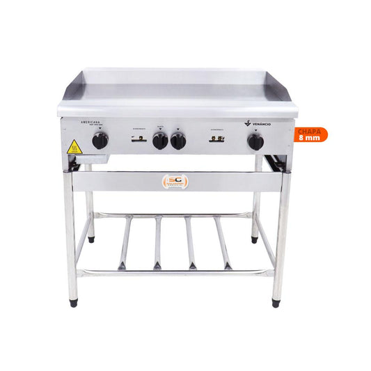 Chapa Americana Profissional 90cm a Gás 8mm Lisa Inox Com Pé Cgp90 - Venâncio
