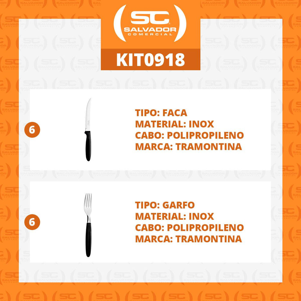 Kit Jogo de Faca e Garfo Ipanema 12 Peças em Aço Inox Cabo Preto PTOP - Tramontina