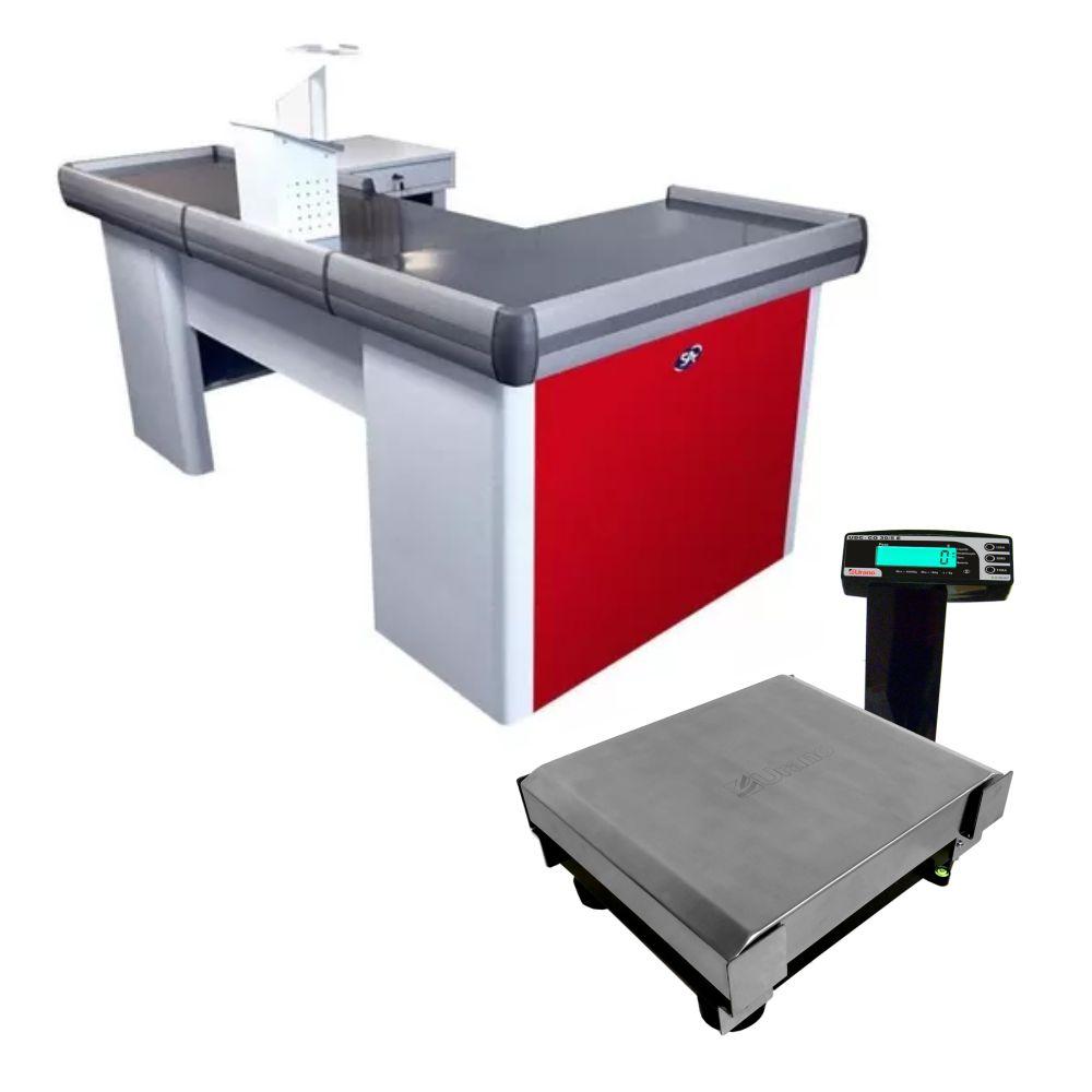 Kit Caixa De Supermercado Empacotador Check-Out Vermelho 2,00m + Balança Bivolt 30kg Urano