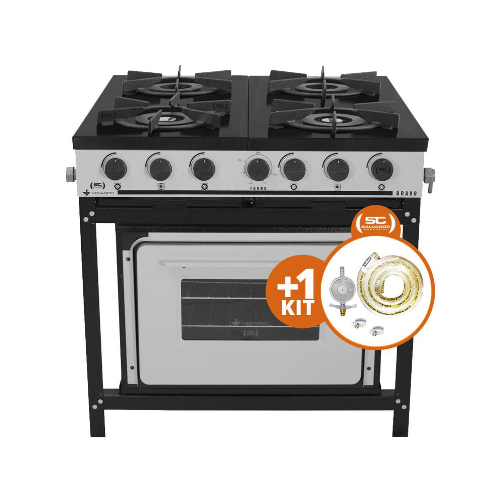 Kit Fogão Industrial 4 Bocas a Gás Baixa Pressão BR4BF Com Forno + Kit Gás 2kg - Venâncio