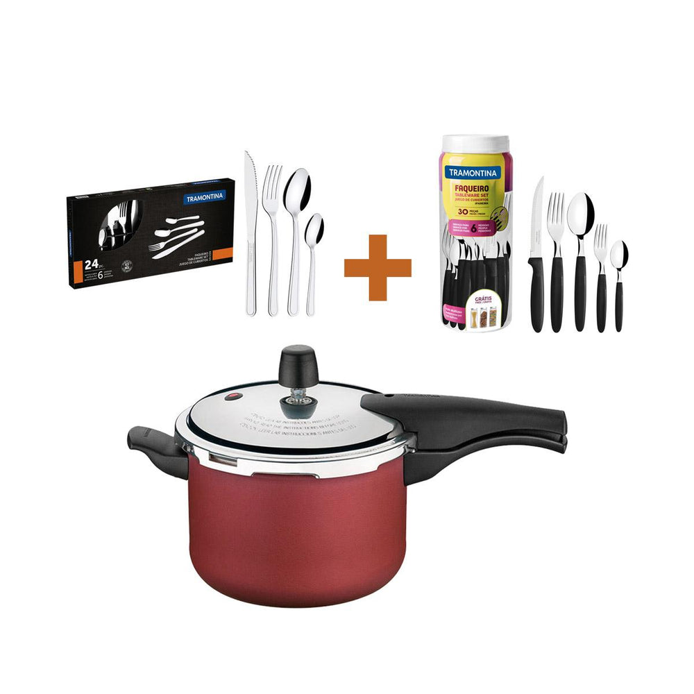 Kit Panela de Pressão 4,5 Vermelha + 1 Faqueiro 30pç + 1 Faqueiro Inox 24pç - Tramontina