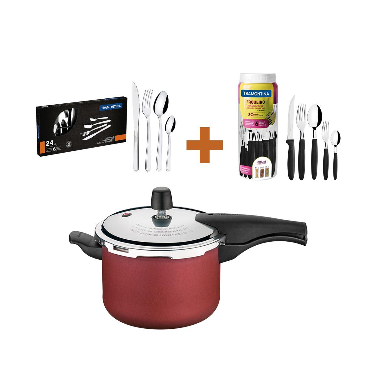 KIT - Panela de Pressão 4,5 Vermelha + 1 Faqueiro 30pç + 1 Faqueiro Inox 24pç - Tramontina