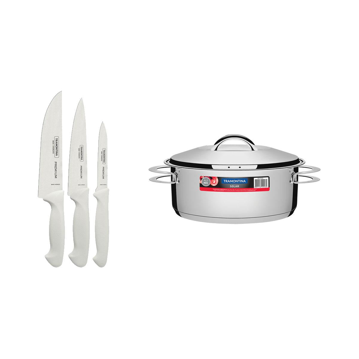 Kit Panela Aço Inox Solar 7,1 Litros + Faqueiro Premium 3 Peças - Tramontina