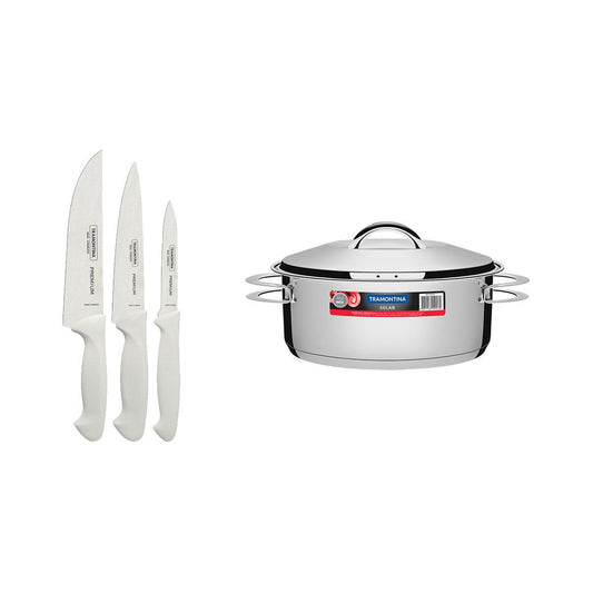 Kit Panela Aço Inox Solar 7,1 Litros + Faqueiro Premium 3 Peças - Tramontina