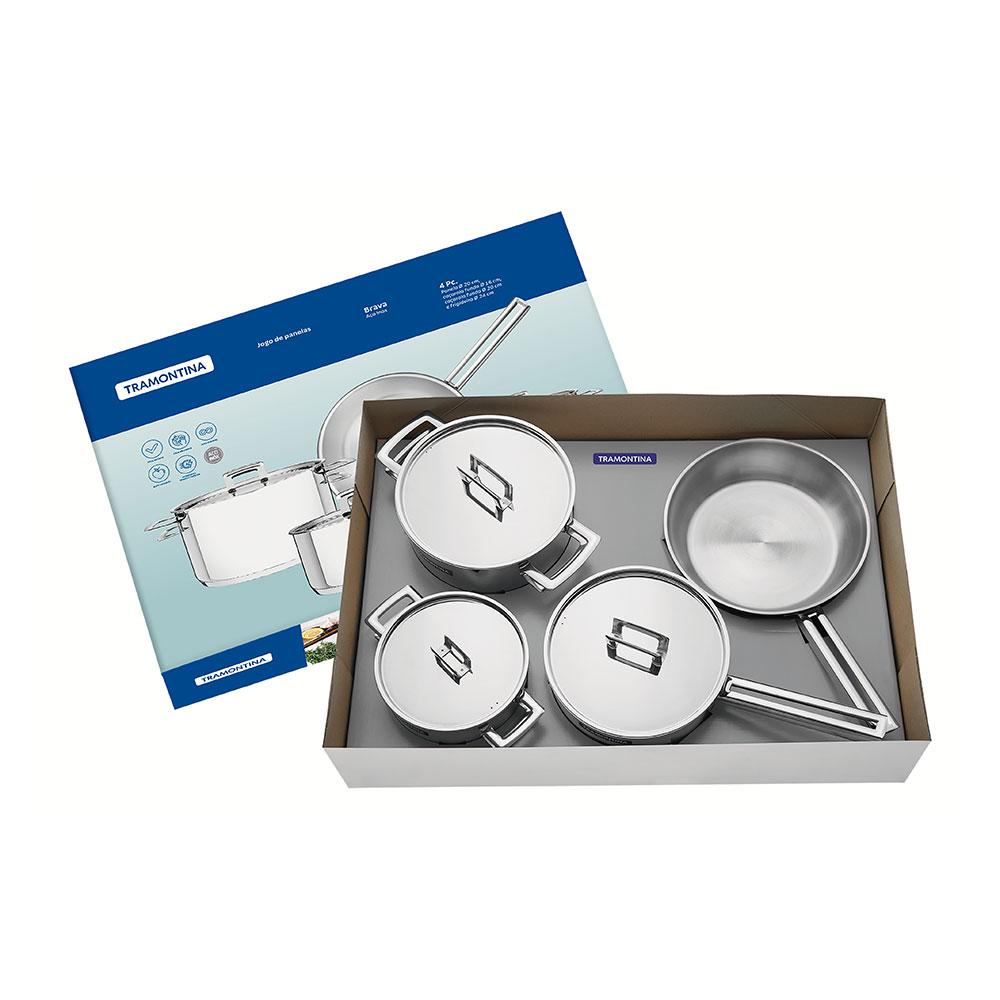Jogo de Panelas Brava Aço Inox Fundo Triplo Tampa Plana 4 Peças - Tramontina 65400020