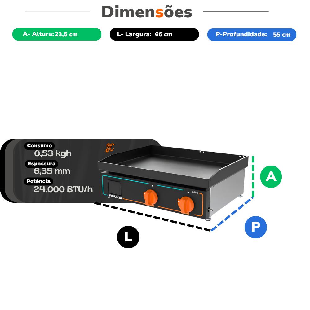 Chapa Bifeteira Profissional Deguste Luxo 6,35mm Gás 65cm C65M New - Venâncio 78430