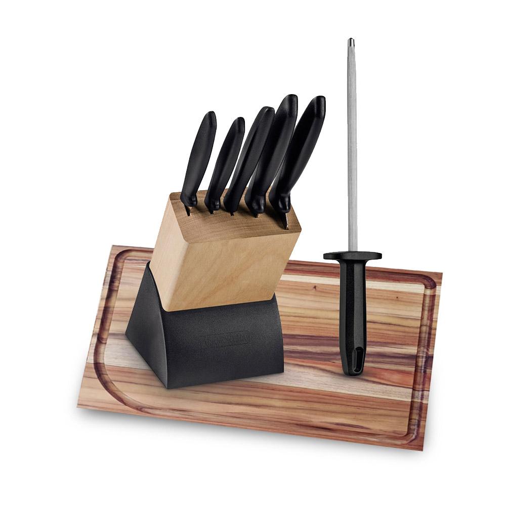 Kit - Faqueiro Plenus 6 Peças + Tábua Para Churrasco 49x35 + Chaira 8 Pol - Tramontina
