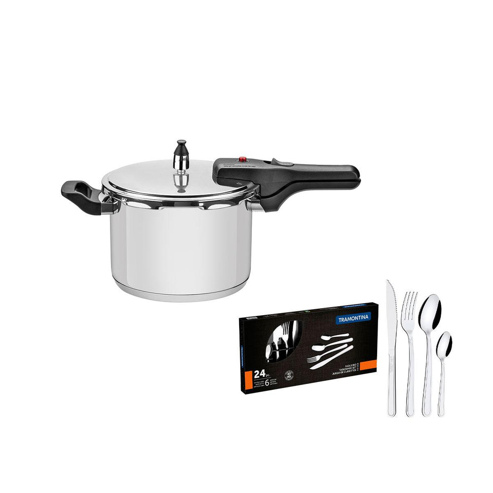 Kit Panela de Pressão Inox 4,5l Brava + Faqueiro Inox Buzios 24pçs - Tramontina