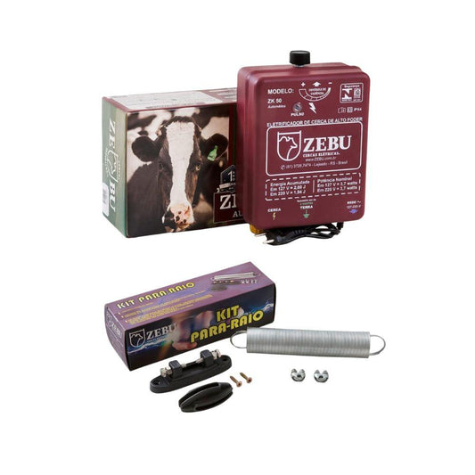 Eletrificador Cerca Elétrica Médias Propriedades Até 25.000m ZK50 Bivolt + Kit Para-raios - Zebu
