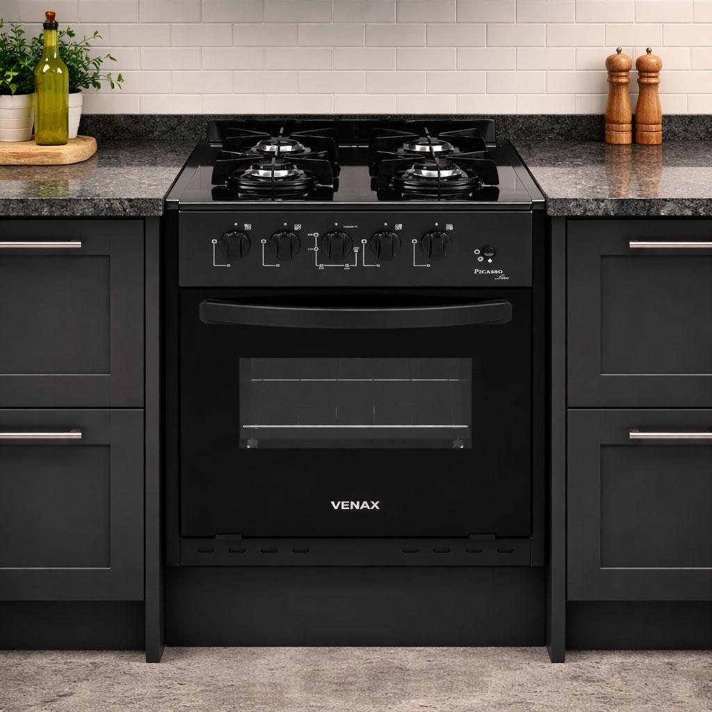Fogão de Embutir 4 Bocas Picasso Line Preto Fosco Gás Glp Com Forno PCEL450 - Venax 30258