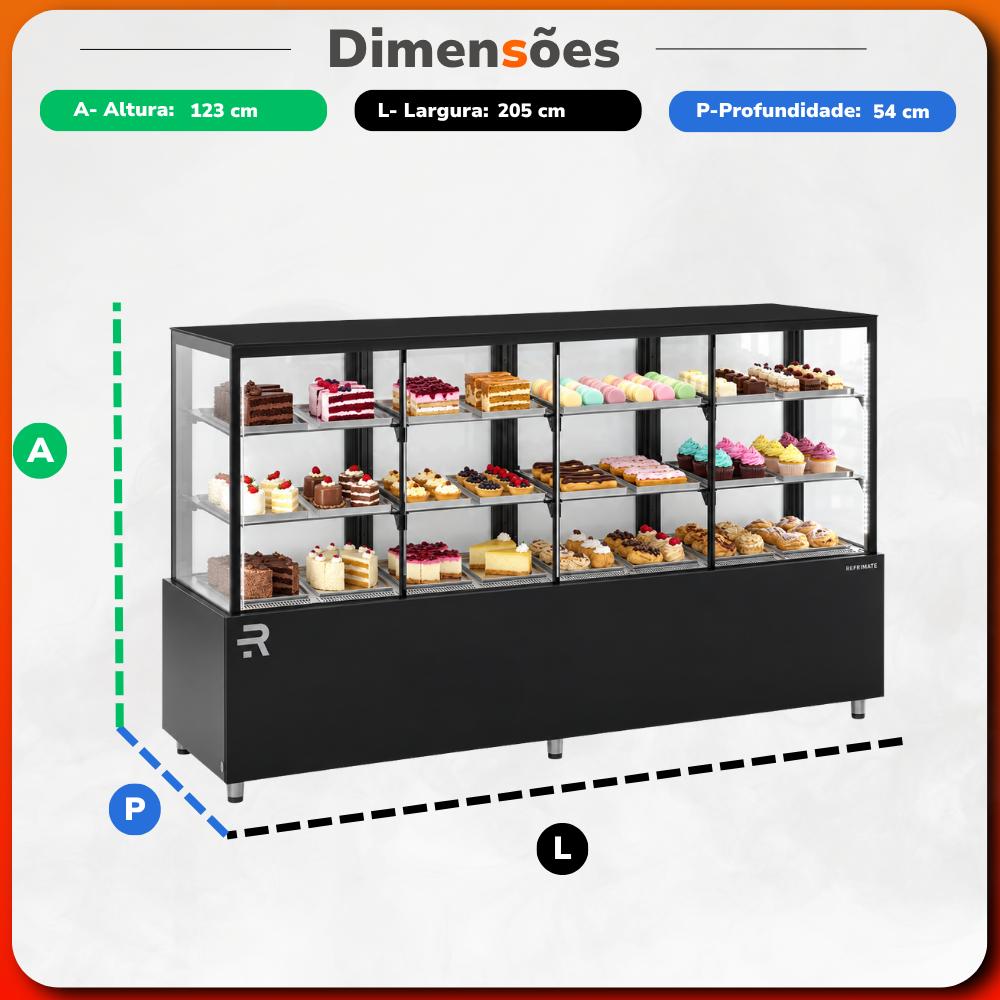 Dimensões da vitrine refrigerada Refrimate CNVPR2050: 123 cm de altura, 205 cm de largura e 54 cm de profundidade.