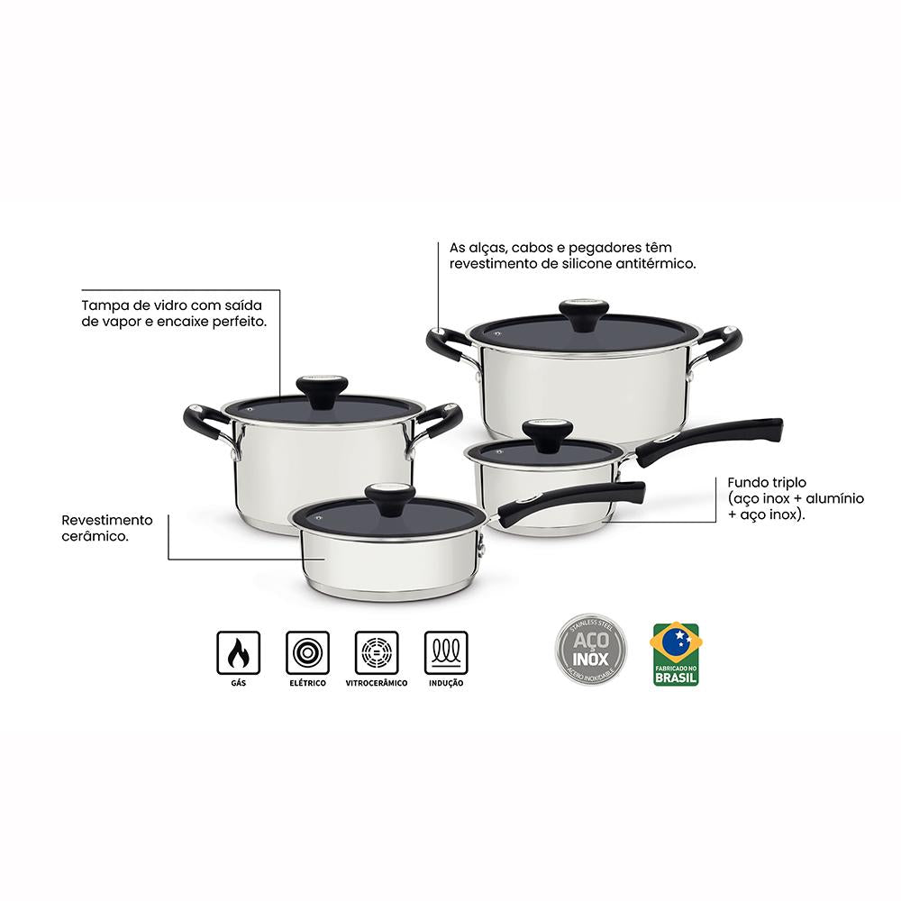 Jogo de Panelas Solar Ceramic Aço Inox Fundo Triplo Rev Interno Cerâmico 4 Peças Tramontina 65120026