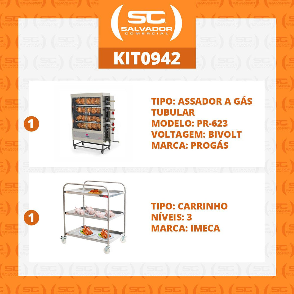 Assador de Frango Rotativo Profissional a Gás 4 Espetos Tubular PR-623 Bivolt Progás + Carrinho Inox Imeca