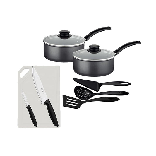 2 Panelas Turim Alumínio Antiaderente 1,4l + Conjunto de Utensílios  + Tábua e Facas Tramontina