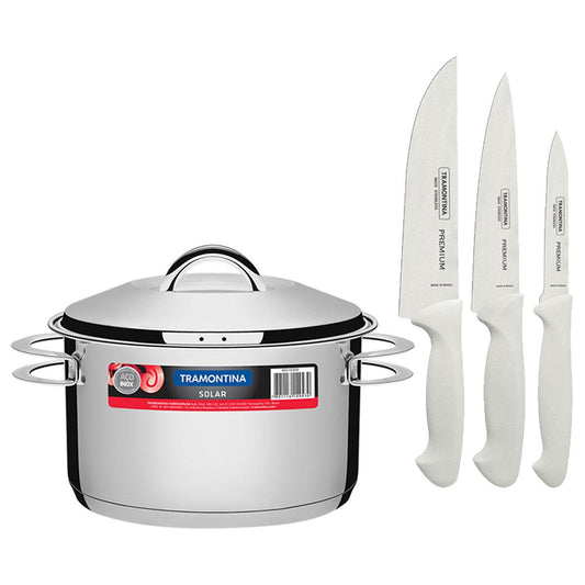 Kit - Faqueiro Premium 3 Peças + 1 Panela Inox Solar 6,1 Lts Solar Pit2 - Tramontina