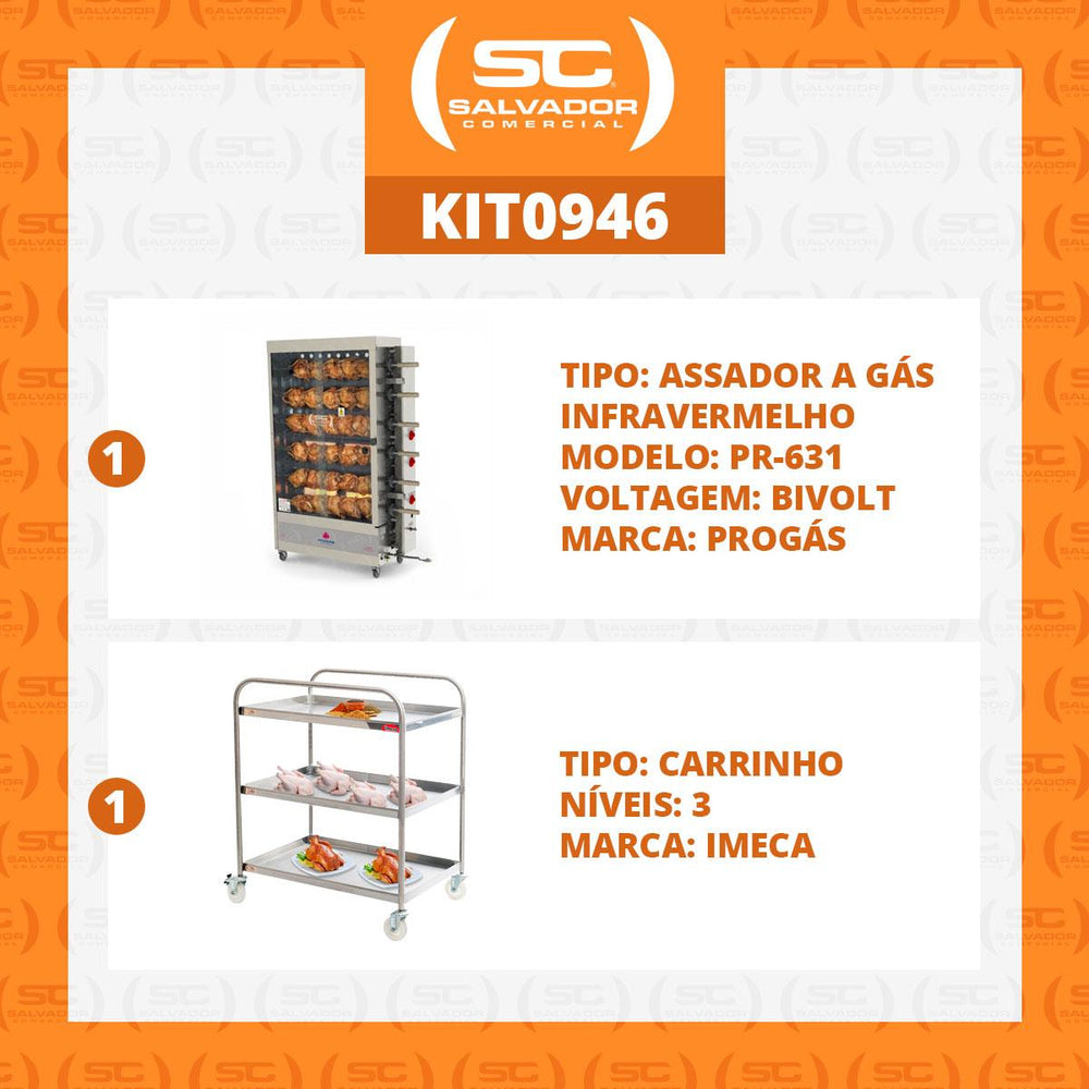 Assador de Frango Rotativo Profissional a Gás 6 Espetos Infravermelho PR-631 Bivolt Progás + Carrinho Inox Imeca