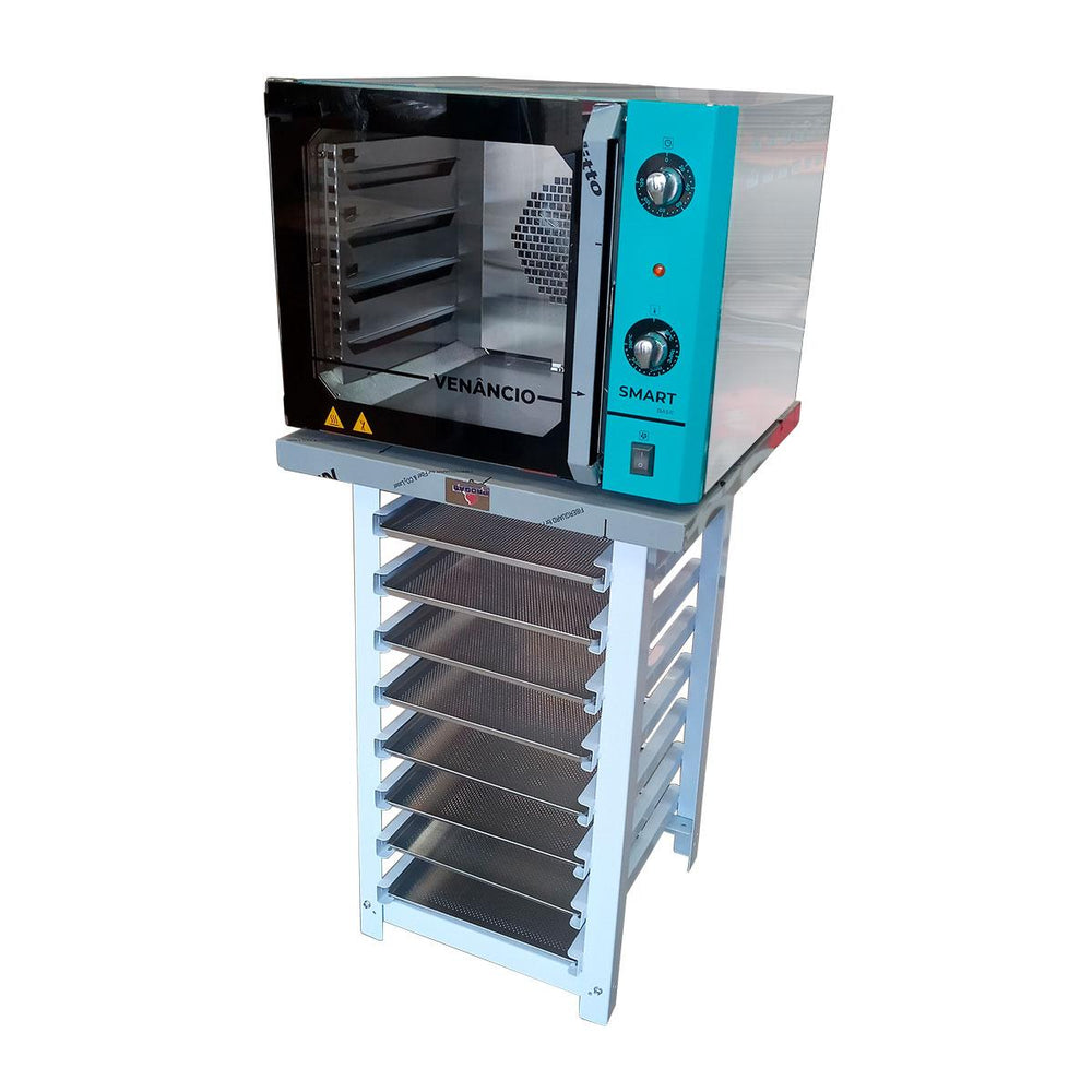 Kit Forno Turbo Convector Smart Basic. Inox e Turquesa FCSB4E 220V + Bancada MES-004 + 8 Assadeiras - Venâncio