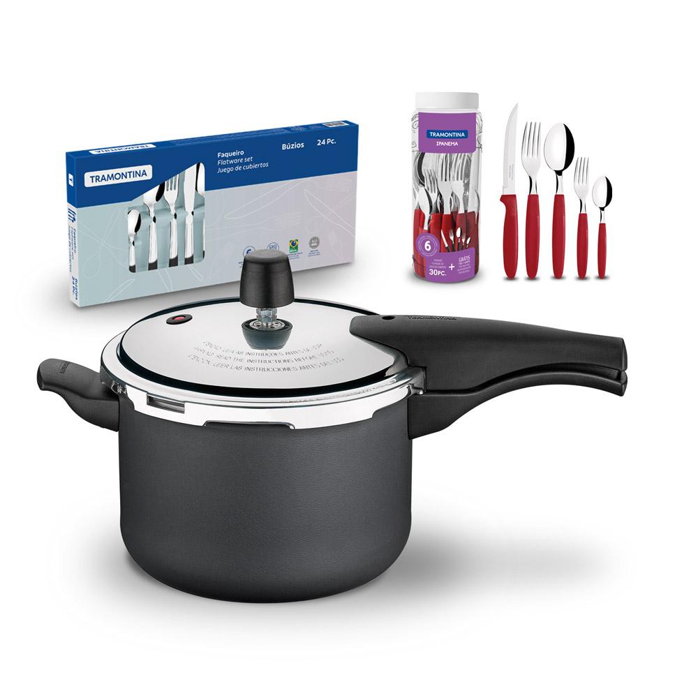 Kit Panela de Pressão 4,5 Grafite + 1 Faqueiro Vermelho 30pç + 1 Faqueiro Inox 24pç - Tramontina