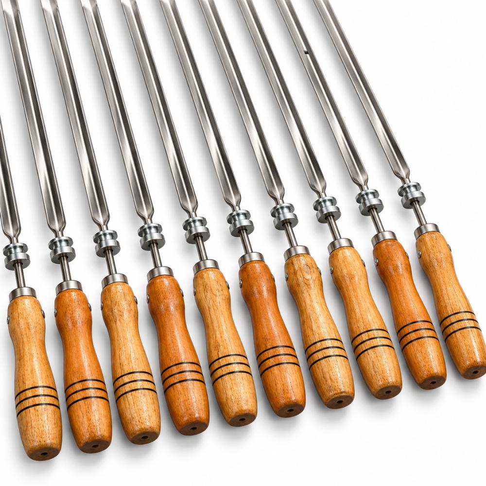Conjunto de 10 Espetos Giratorios Simples Com Cabo de Madeira