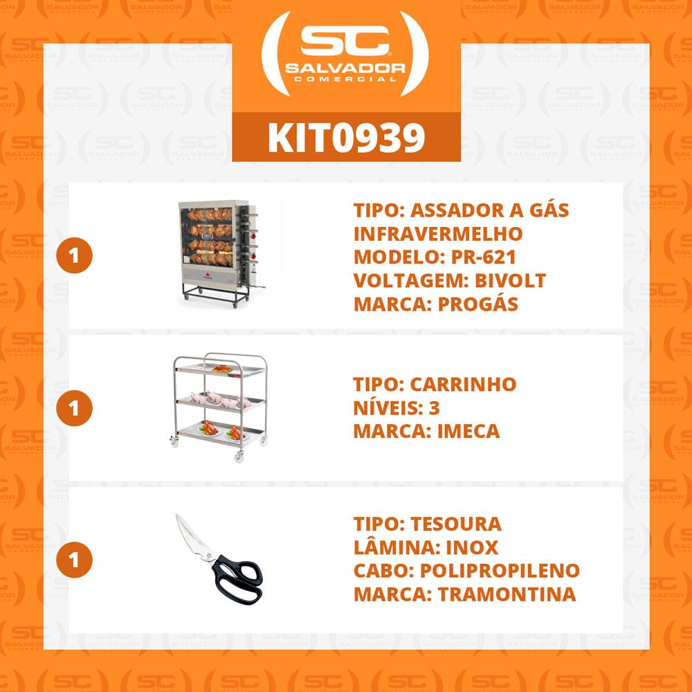 Assador de Frango Gás 4 Espetos Infra Pr-621 Progás + Tesoura Tramontina + Carrinho Inox Imeca