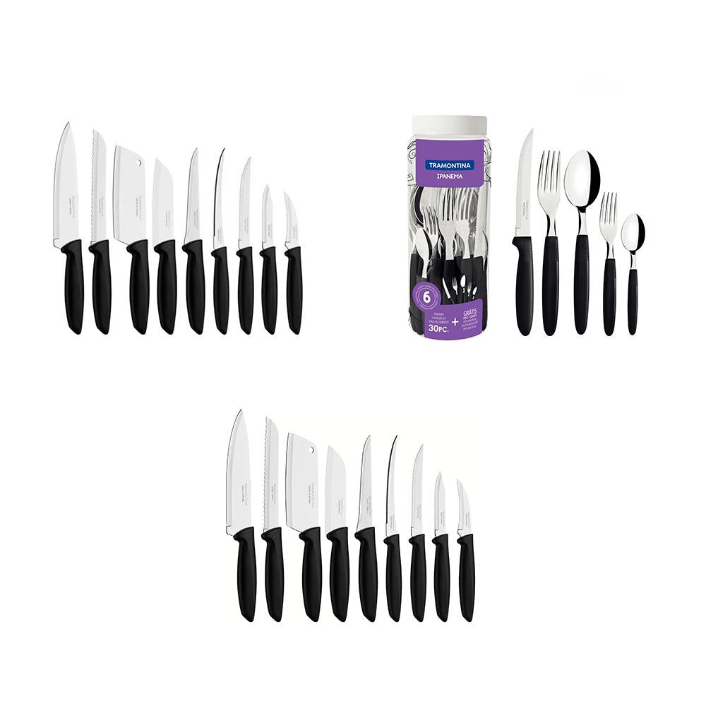 Kit - 1 Faqueiro Inox 30 Peças Ipanema Preto + 2 Conjuntos Facas 9pç - Tramontina