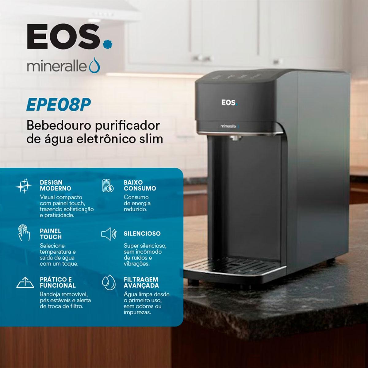 Bebedouro Purificador de Água Mineralle Slim Touch Eletrônico Preto Epe08p Bivolt - Eos B209333