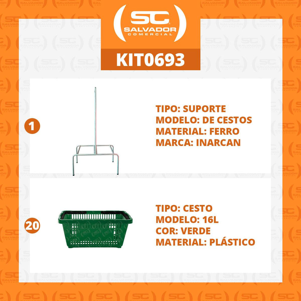 Kit Suporte Para Cestos De Compras Duplo + 20 Cestos D100 Verde
