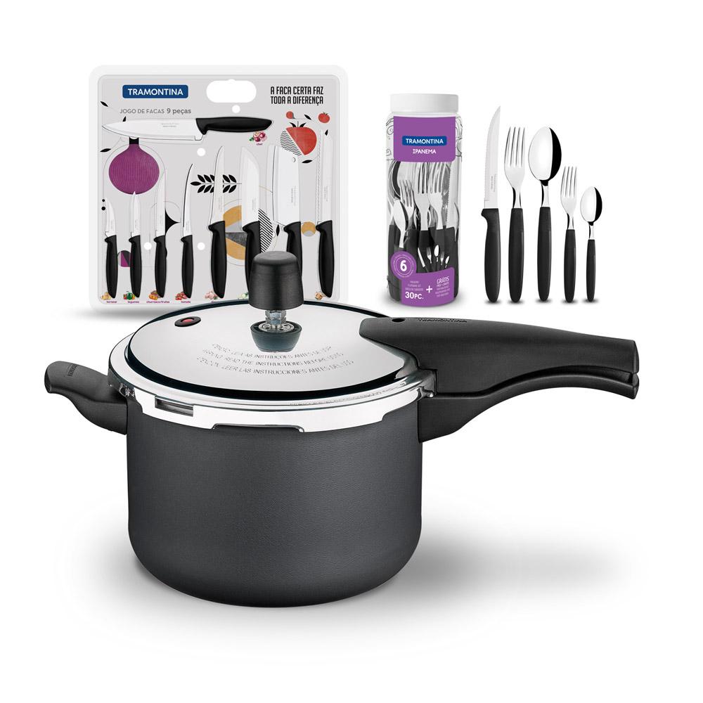 Kit Panela de Pressão 4,5L Grafite + 1 Faqueiro 30pç + 1 Conjunto Facas 9pç - Tramontina
